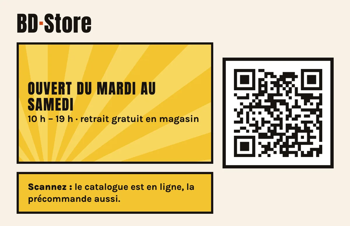 Verso de la même carte : horaires dans une case jaune façon planche de BD, un encadré « Scannez » et un QR code