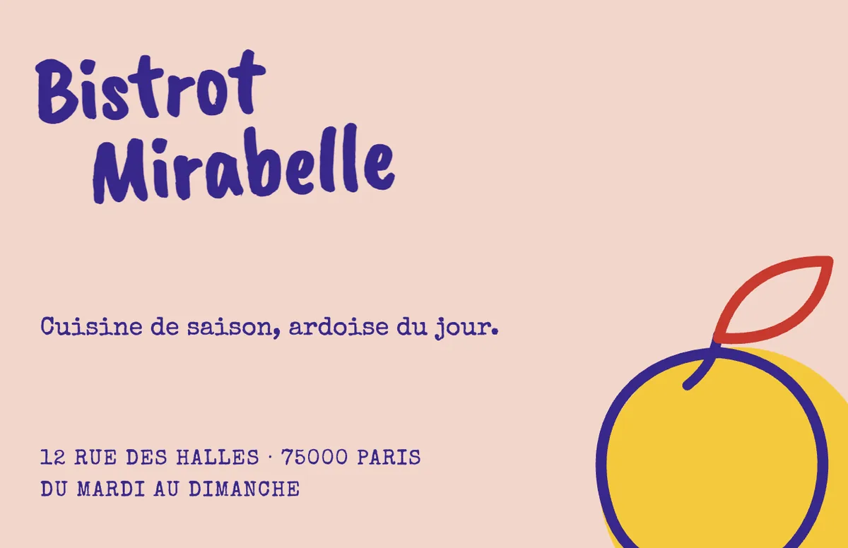 Recto d'une carte de visite de bistrot : le nom en lettres au feutre violettes sur papier rose, un fruit jaune cerclé de violet dans le coin