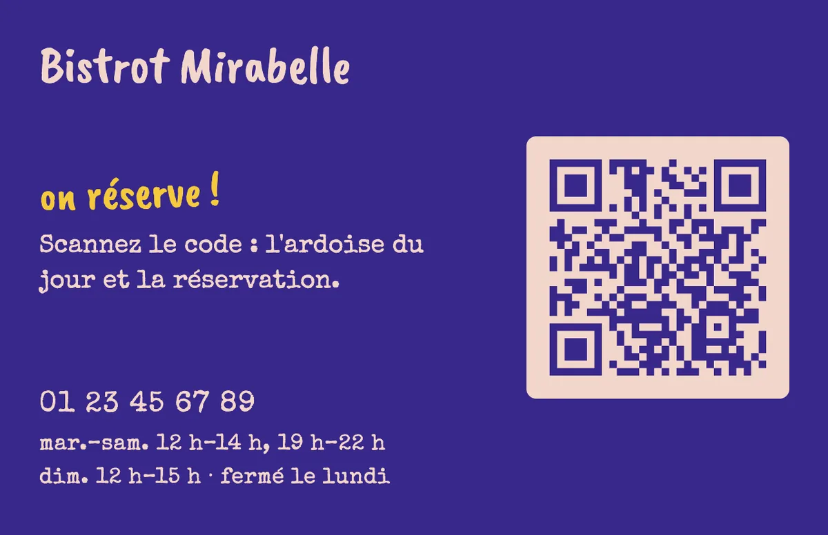 Verso de la même carte : aplat violet, « on réserve ! » en jaune, horaires et QR code
