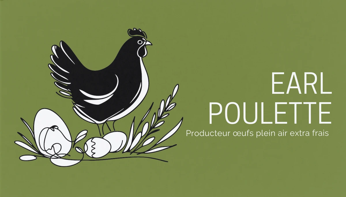 Recto d'une carte de visite de producteur d'œufs : fond vert prairie, dessin au trait d'une poule et d'œufs dans l'herbe, nom en lettres blanches légères