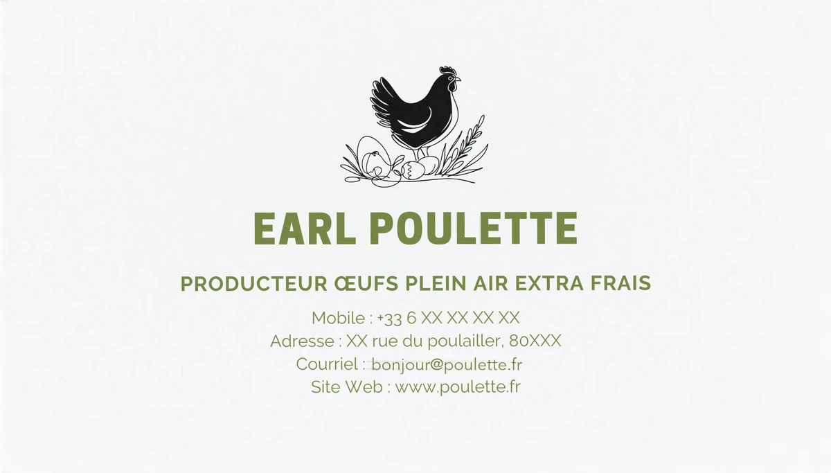 Verso de la même carte : fond blanc, petit logo de poule, nom en vert et coordonnées