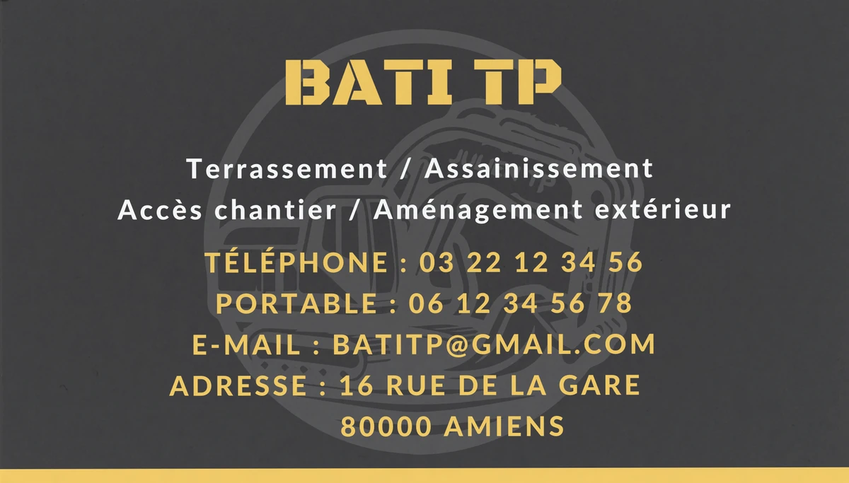 Verso de la même carte : nom, activités, téléphone, e-mail et adresse en jaune et blanc sur fond anthracite