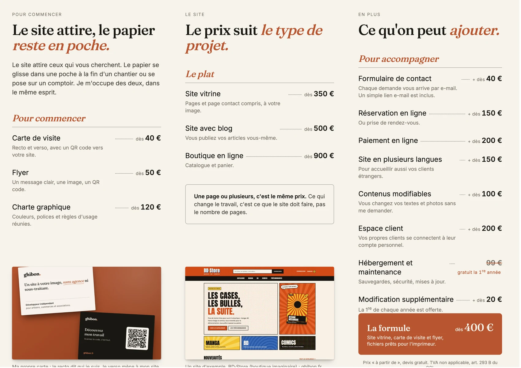 Le dedans du dépliant, ouvert : Pour commencer (carte de visite dès 40 €, flyer dès 50 €, charte dès 120 €), Le plat (site vitrine dès 350 €, site avec blog dès 500 €, boutique en ligne dès 900 €, une page ou plusieurs au même prix), et Pour accompagner, en supplément à partir de : formulaire de contact 40 €, réservation en ligne 150 €, paiement en ligne 200 €, site en plusieurs langues 150 €, contenus modifiables 100 €, espace client avec connexion 200 €, hébergement et maintenance 99 € par an (gratuit la 1re année), modification supplémentaire dès 20 € (la 1re de chaque année est offerte), puis la formule site vitrine, carte et flyer dès 400 €