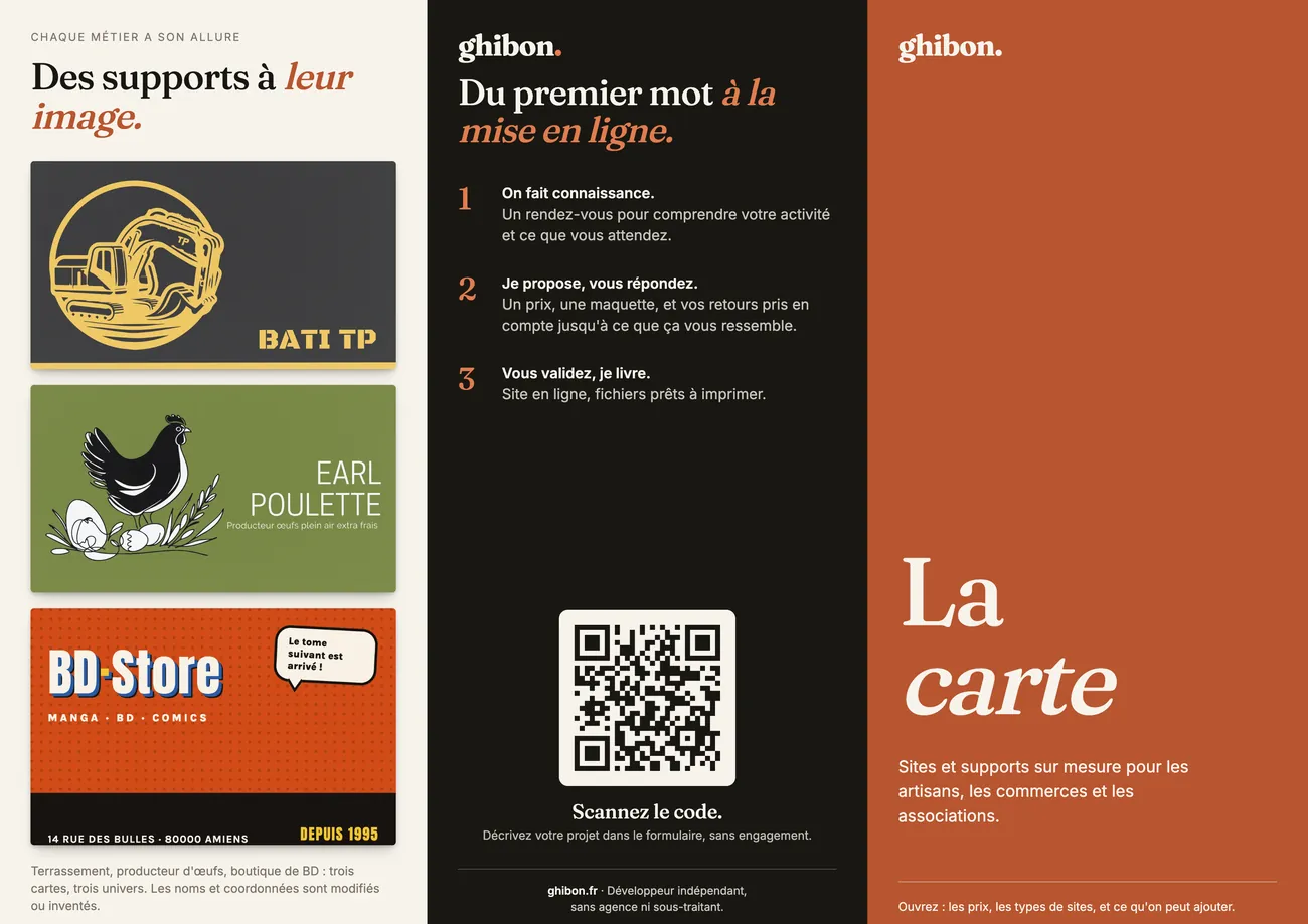 Le dehors du dépliant : à droite la couverture terre cuite « La carte », au milieu le dos sombre avec les trois étapes d'un projet et un QR code, à gauche le volet replié montrant trois cartes de visite d'autres métiers